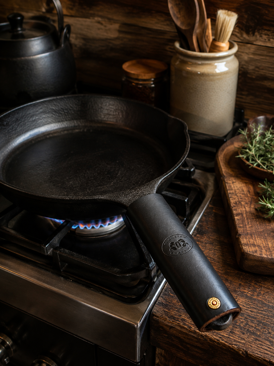 A black cast iron skillet with a dark leather handle resting on a gas stove burner, with a blue flame visible. The background features rustic wooden kitchen elements, including a wooden cutting board with herbs, a ceramic jar with wooden utensils, and another dark pot.