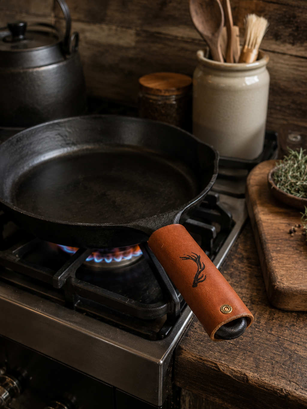 A black cast iron skillet with a brown leather handle grip resting on a gas stove burner in a rustic kitchen setting.